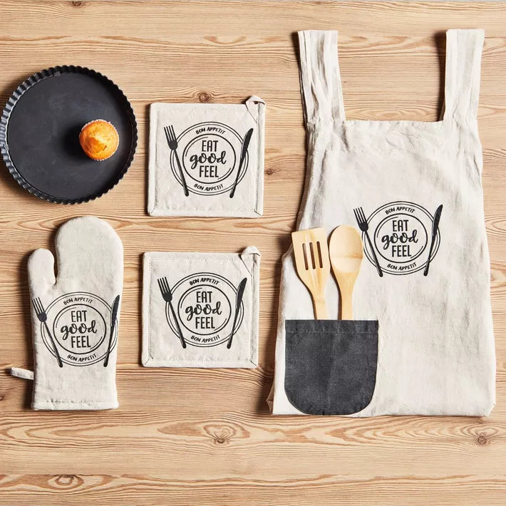Vintage Linen Pot Holder Set And Oven Mitten