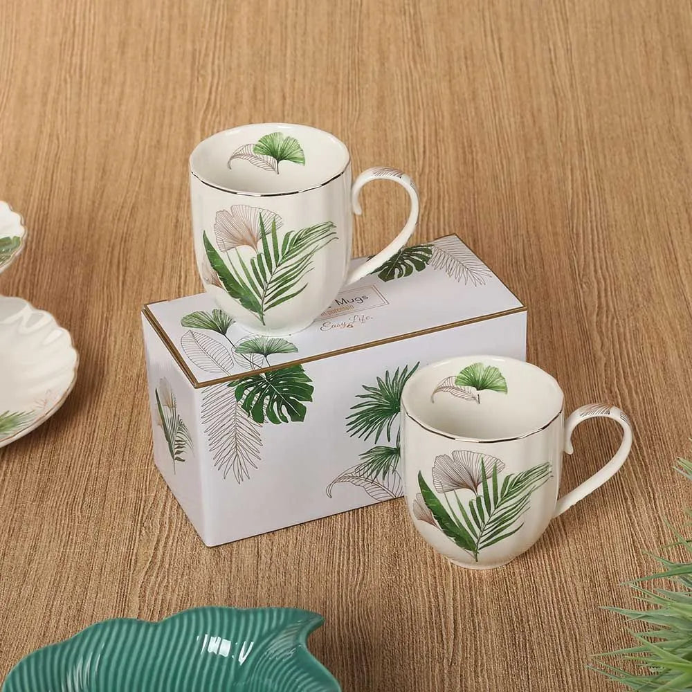 Exotique Porcelain Mugs (White/Green)