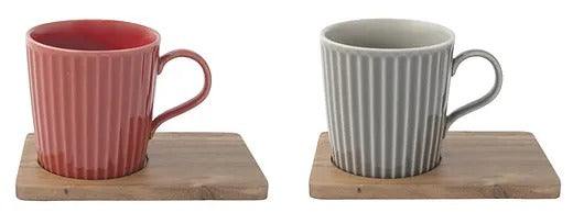 Set 2 porcelain mugs 380ml & acacia saucers in gift box