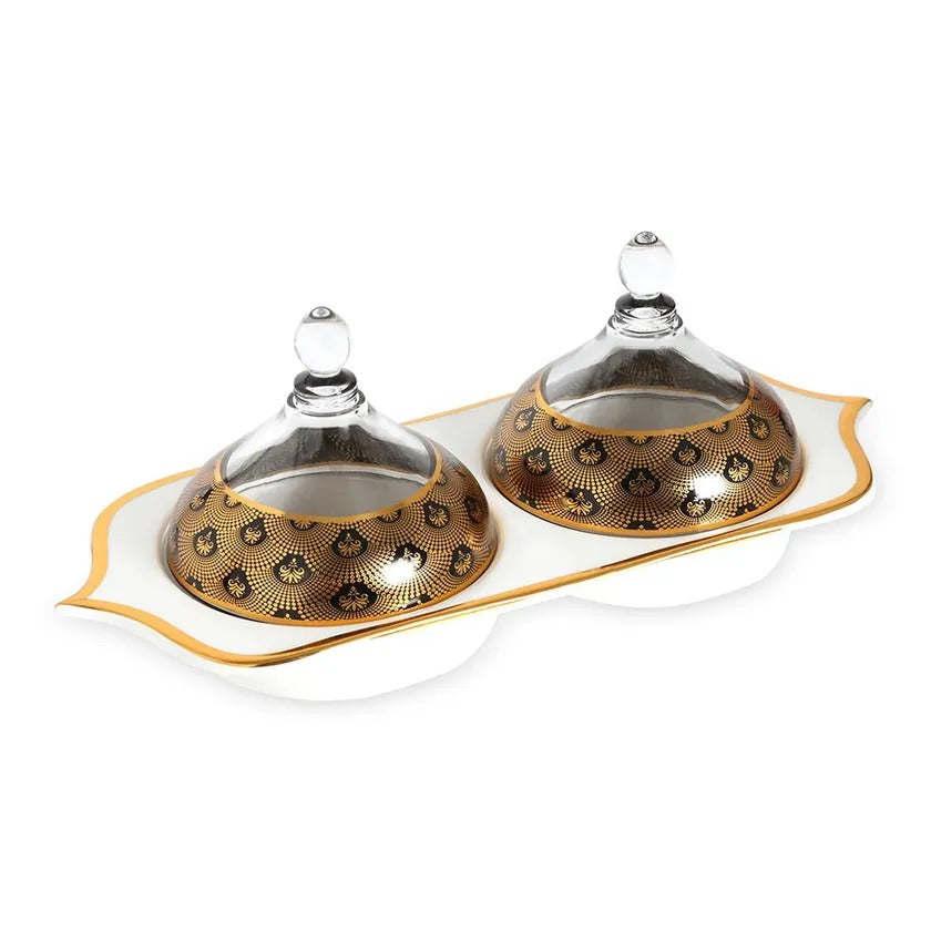 Elan 2-Rectangular Date Bowl with Cover, Gold & Black - 33x14 cms