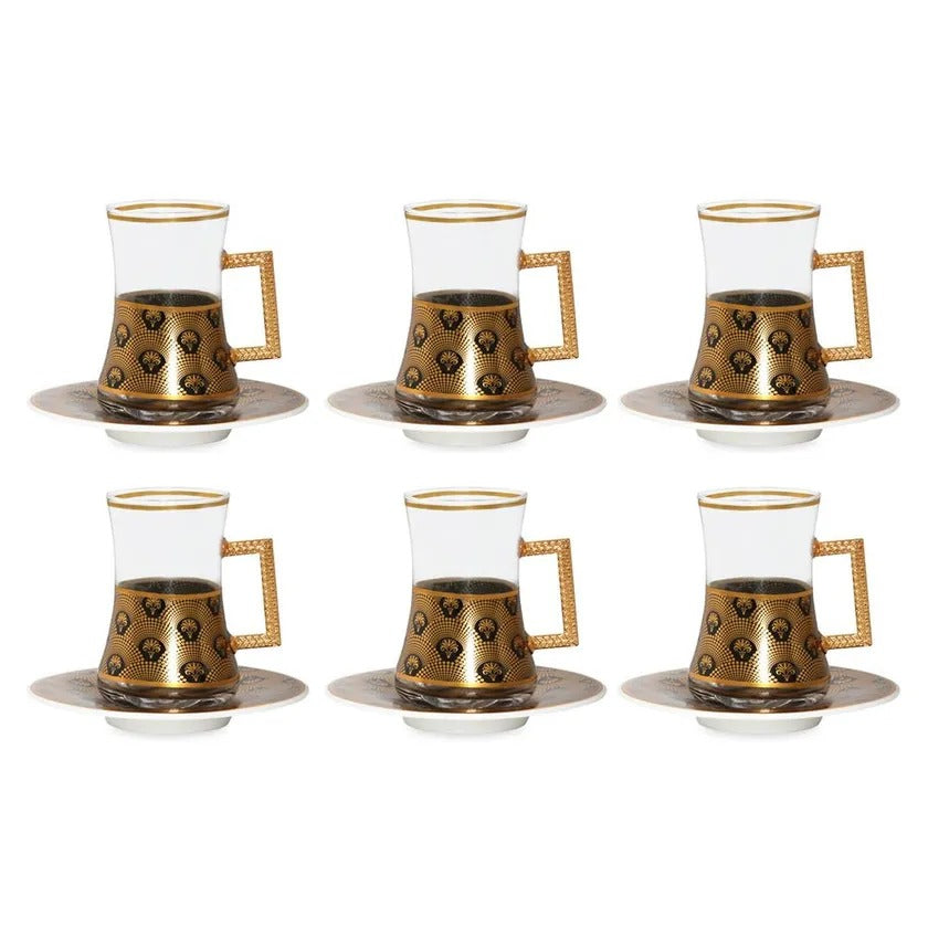 Elan Cup with Golden Handle & Saucer, Gold & Black - Set of 6