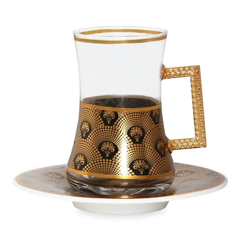 Elan Cup with Golden Handle & Saucer, Gold & Black - Set of 6