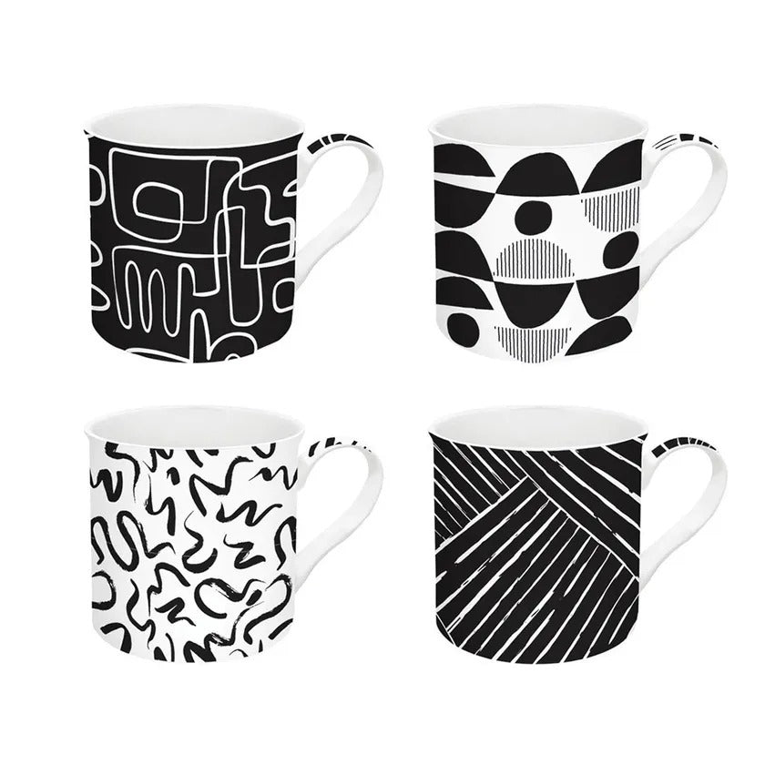 Graffiti Porcelain China Mug, Black & White - 300 ml, Set of 4