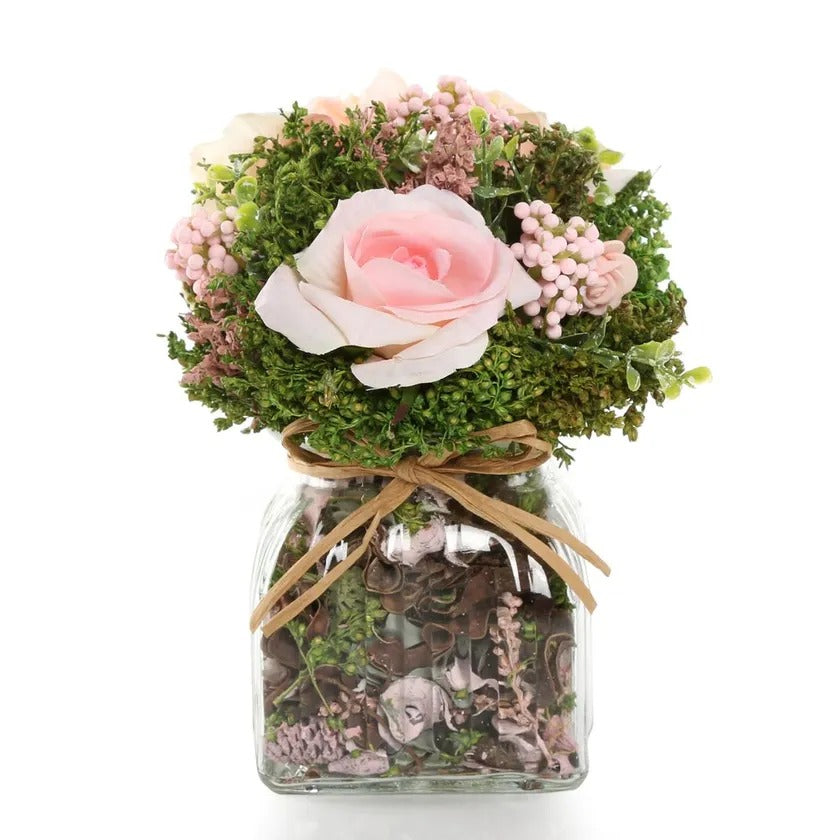 Artificial Mixed Roses with Glass Square Vase (Peach/Pink, 21 cms)