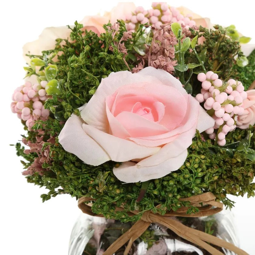 Artificial Mixed Roses with Glass Square Vase (Peach/Pink, 21 cms)
