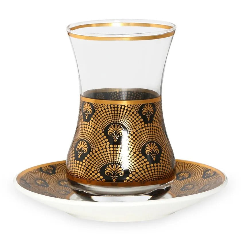 Elan Turkish Cup & Saucer, Gold & Black - Set of 6