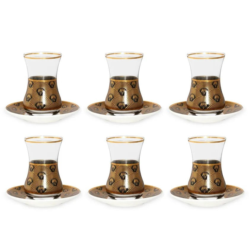 Elan Turkish Cup & Saucer, Gold & Black - Set of 6