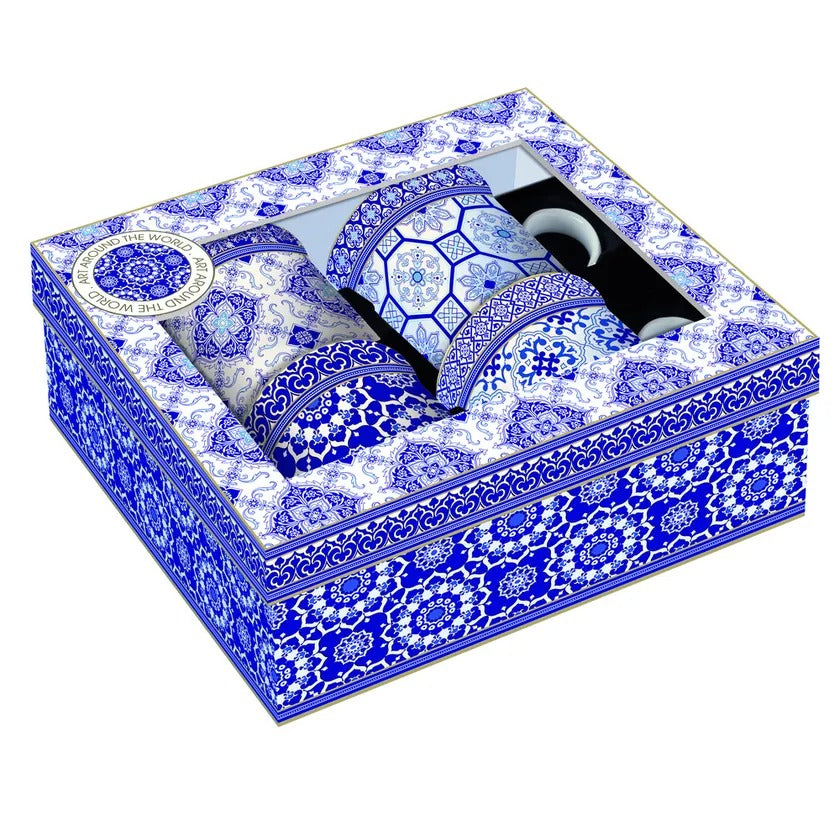 Geometric Pattern Porcelain Mug Set - 4 Pieces, Blue, 300 ml