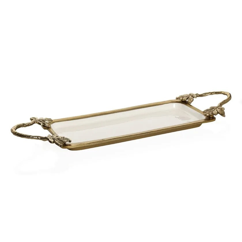 Florence Rectangular Brass Tray, Antique Gold & White Enamel