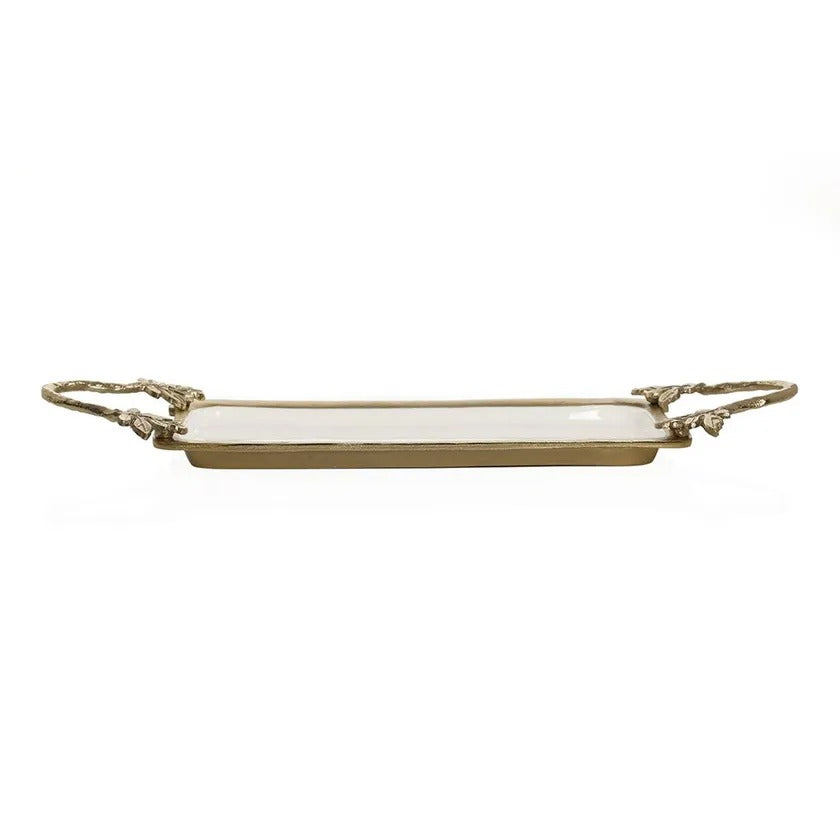 Florence Rectangular Brass Tray, Antique Gold & White Enamel