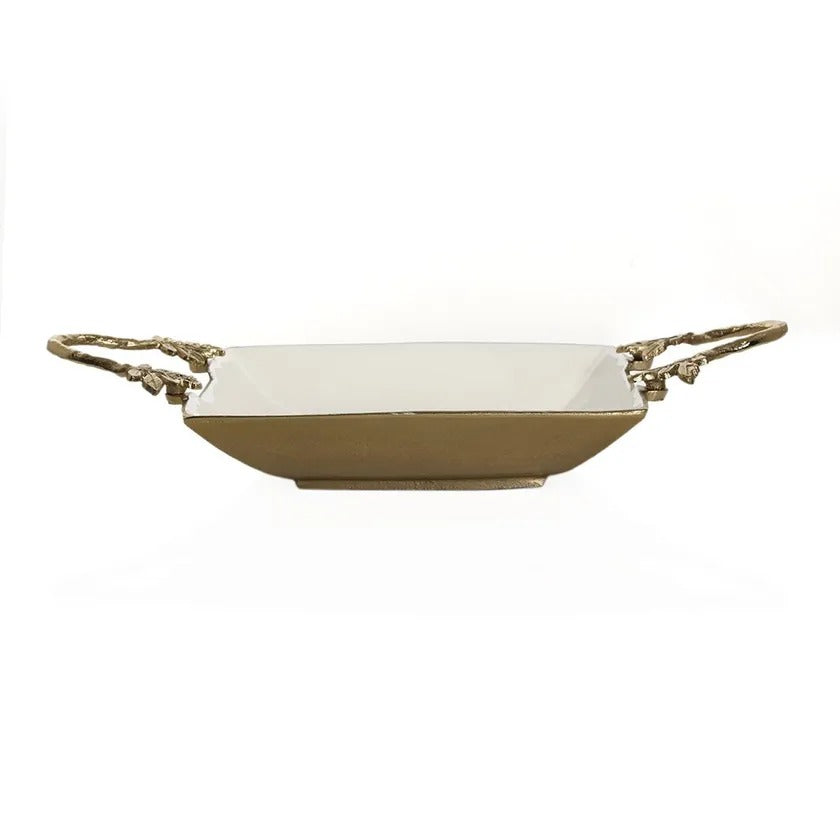 Florence square brass bowl, antique gold and white enamel