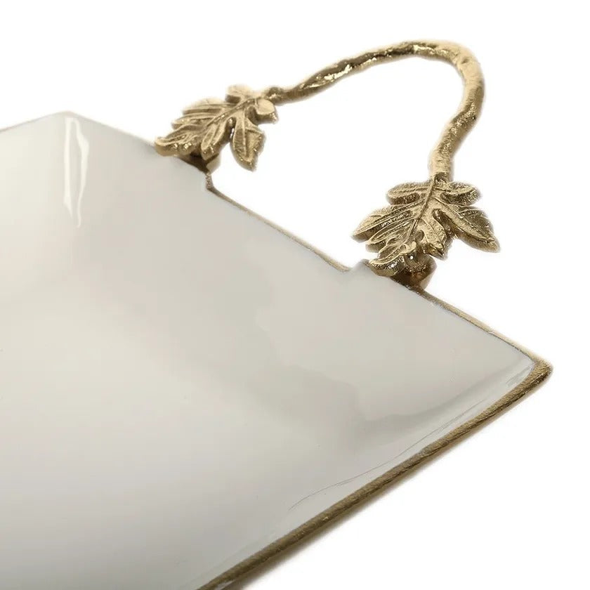 Florence square brass bowl, antique gold and white enamel