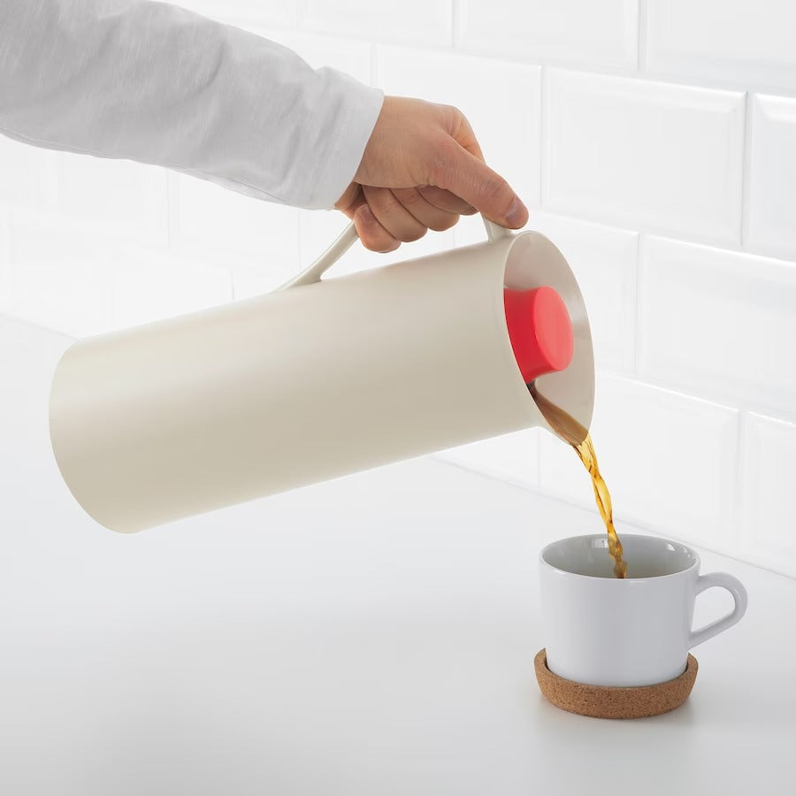 BEHÖVD Vacuum flask, beige/red, 1 l