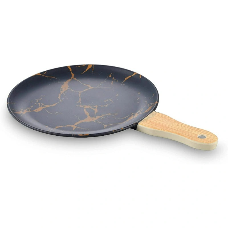 Harmony Melamine Black And Gold Crack Wood Grain Color Handle Pizza Plate Pair