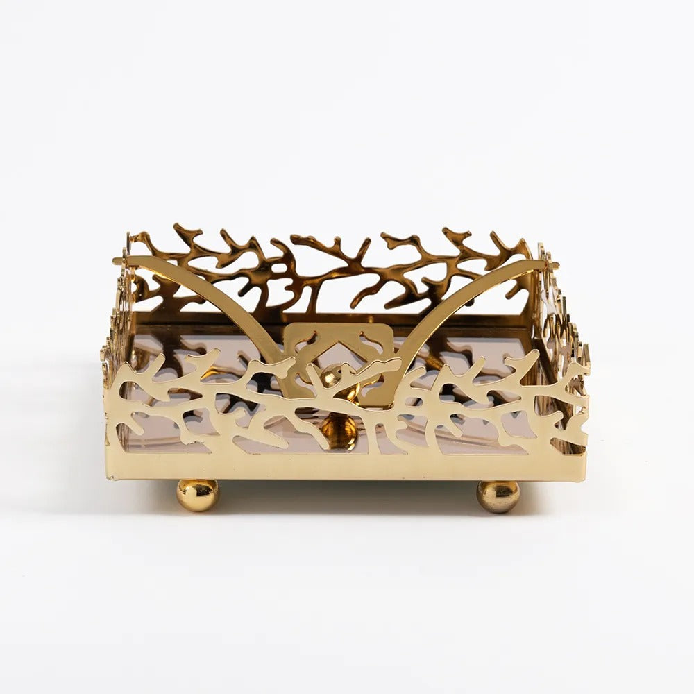 Mozaik Square Napkin Holder, Gold - 17x17 cm