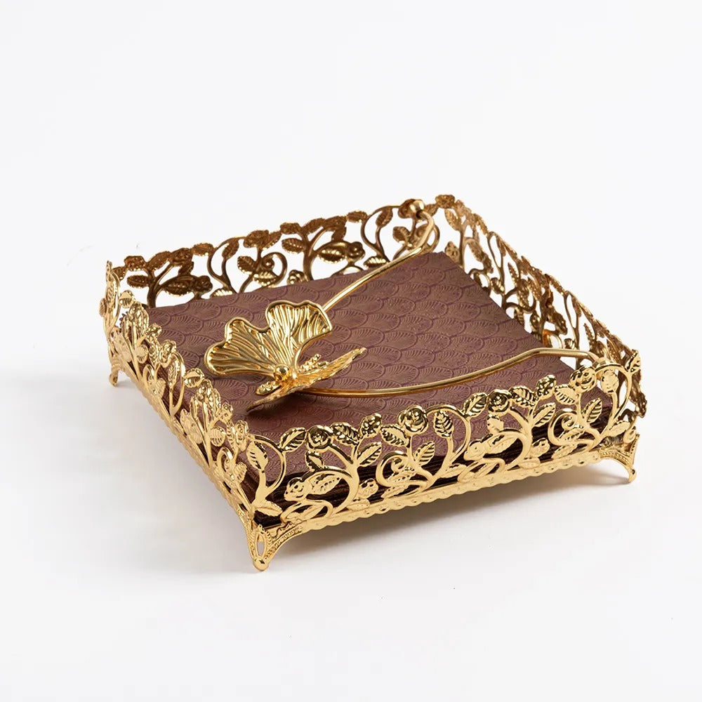 Roza Square Metal Butterfly Napkin Holder, Gold - 20x20 cm