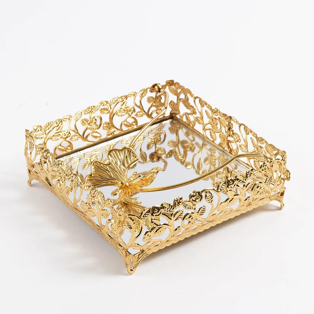 Roza Square Metal Butterfly Napkin Holder, Gold - 20x20 cm