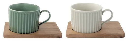 Set 2 porcelain cups 250ml & acacia saucers in gift box