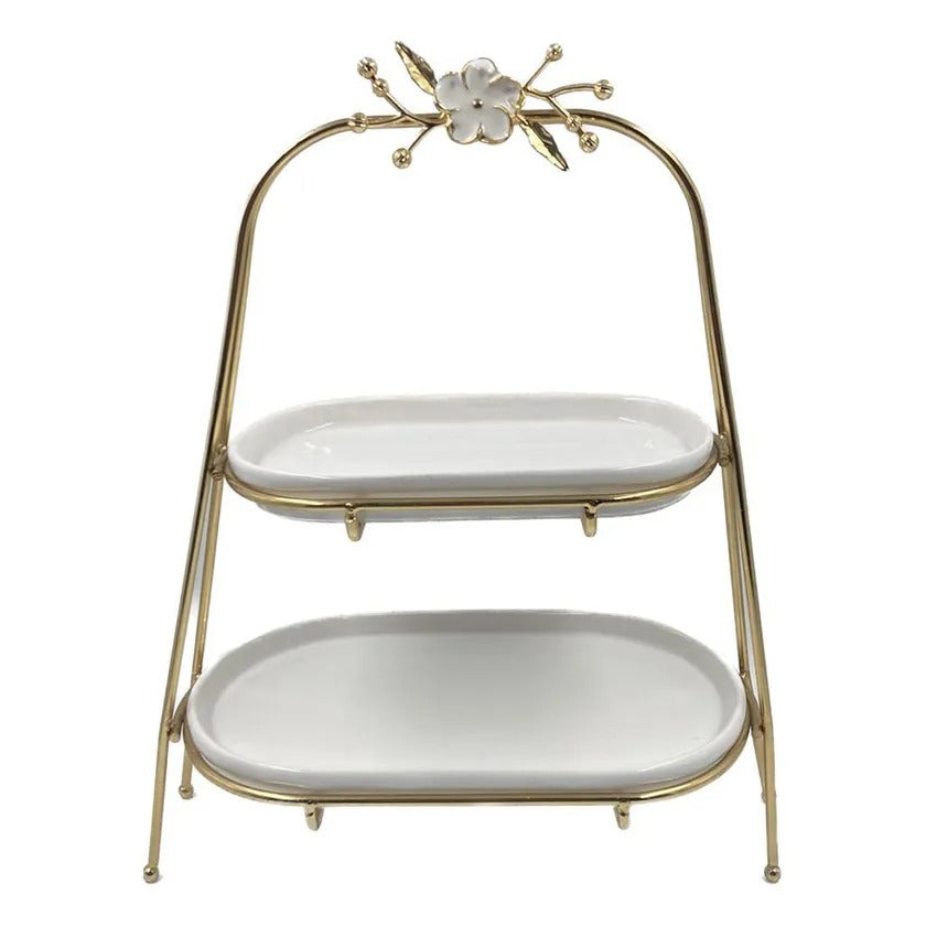 Verdant 2-Storeyed Large Oval Tray, White & Gold - 27x37 cm