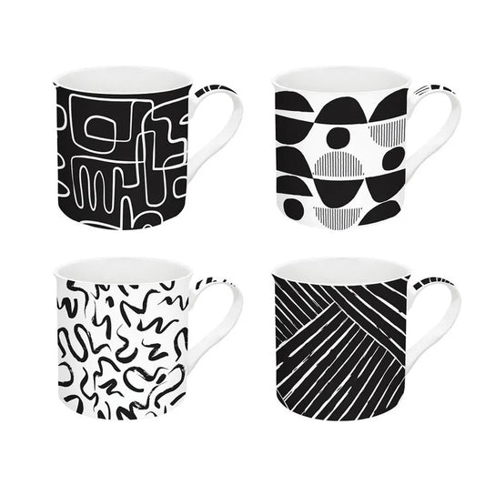Graffiti Porcelain China Mug, Black & White - 300 ml, Set of 4