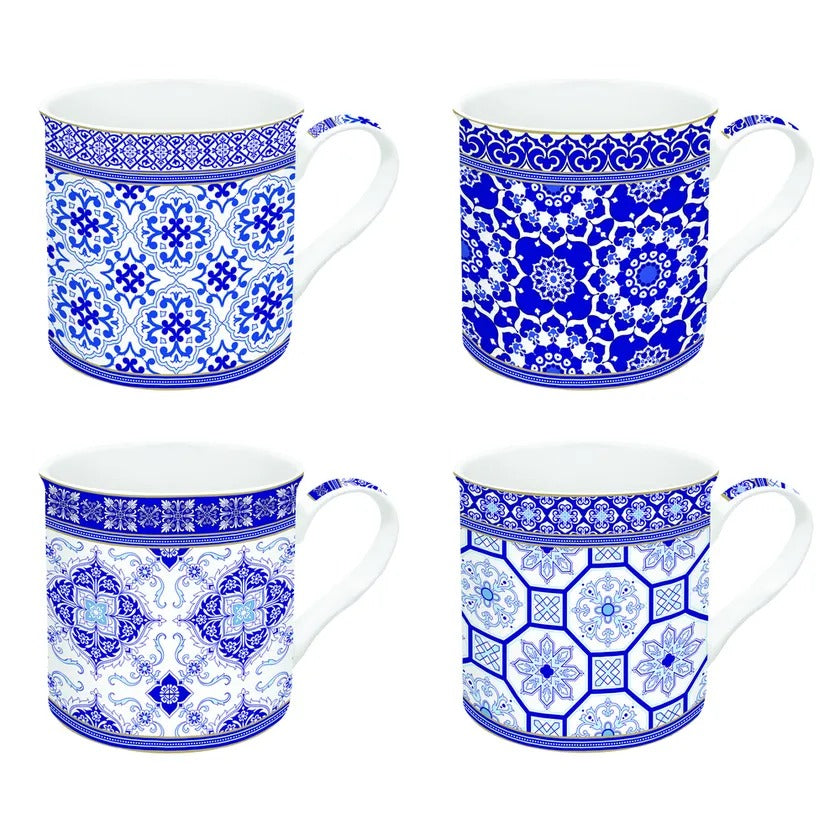 Geometric Pattern Porcelain Mug Set - 4 Pieces, Blue, 300 ml