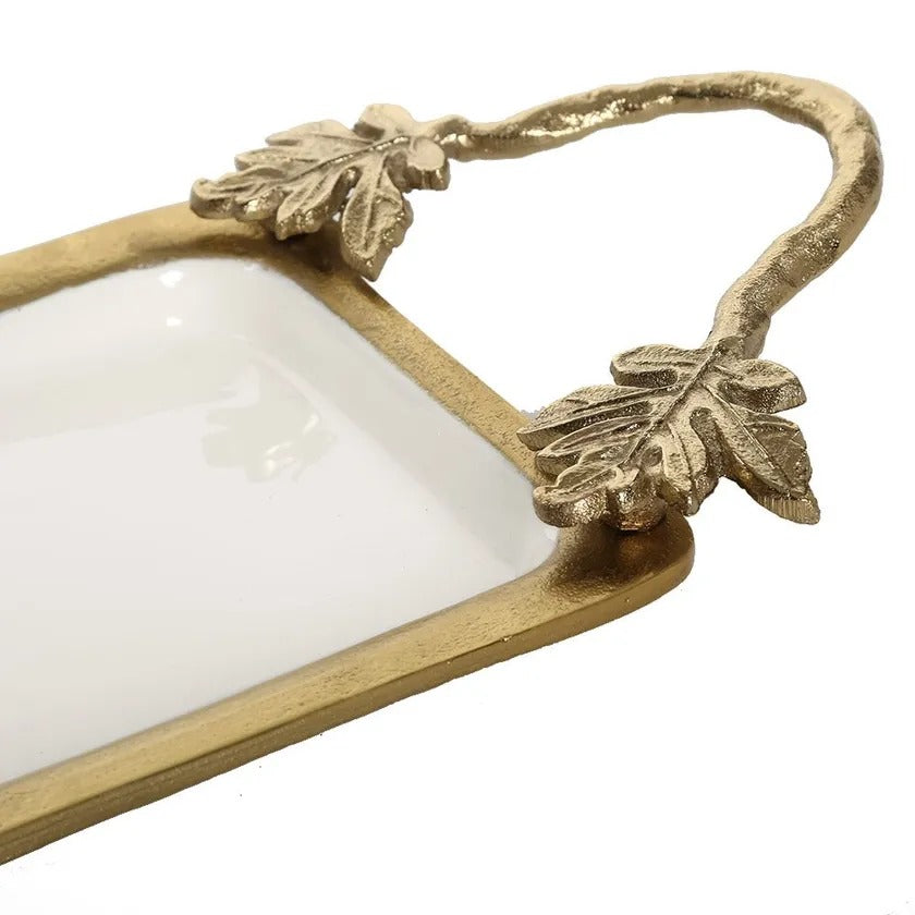 Florence Rectangular Brass Tray, Antique Gold & White Enamel