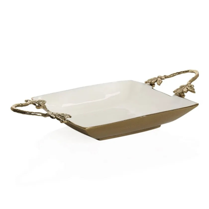 Florence square brass bowl, antique gold and white enamel