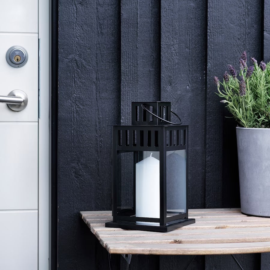 BORRBY Lantern for block candle, indoor/outdoor black, 11 "