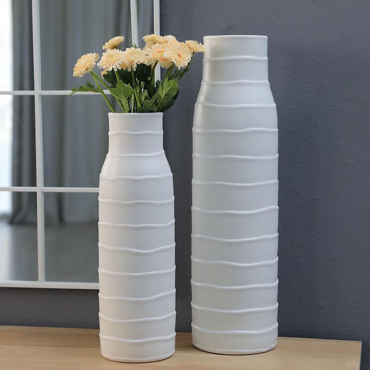 Creped Ceramic Vase 14.5x14.5x44.5cm-Matt White