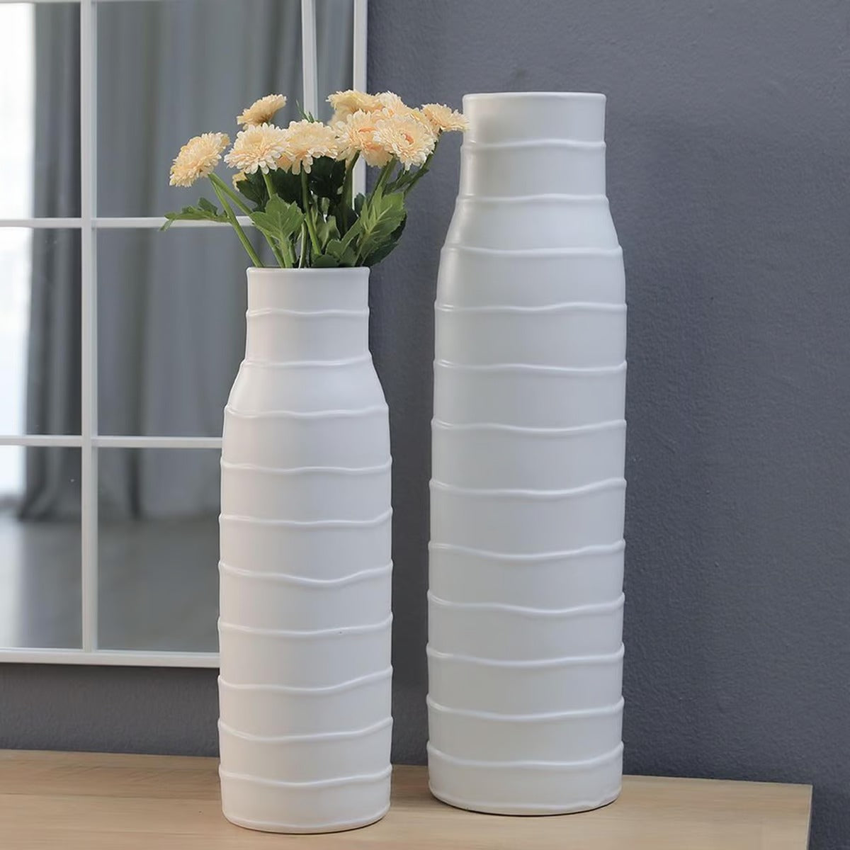 Creped Ceramic Vase 17x17x59cm-Matt White