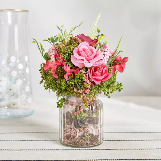 Vidor Rose Mixed Flowers in Glass Pink Pot - 19 cm