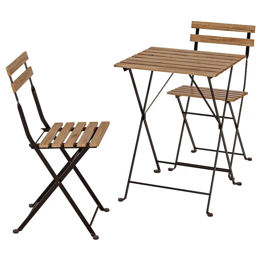 Tarno Table+2 chairs, outdoor, black/light brown stained