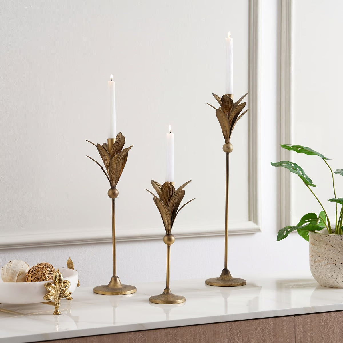 Botanical Vintage Metal Taper Candle Holder 15x15x54cm- Antique Gold
