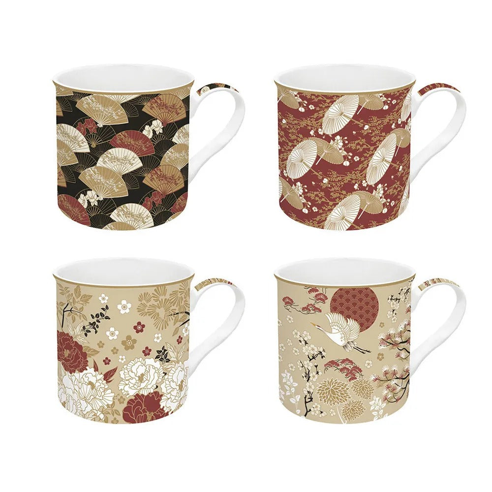 Kimono Porcelain China Mug, Multicolour - 300 ml, Set of 4