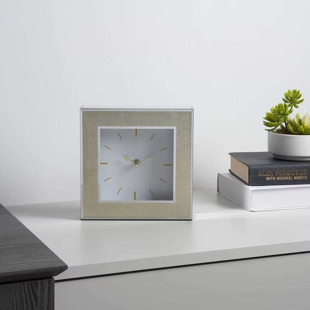 gamma glass clock with faux leather decoration 20x20x4cm- gold
